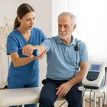 A physiotherapist helping an elderly man with Parkinson’s disease perform arm strengthening exercises using electrotherapy equipment in a clinic setting.