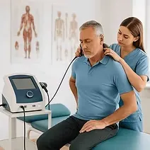 Physiotherapist providing cervical and lumbar spondylosis treatment using electrotherapy for neck and back pain relief