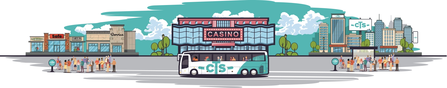 Illustration of CTS bus in front of casino with city and suburban pick up locations