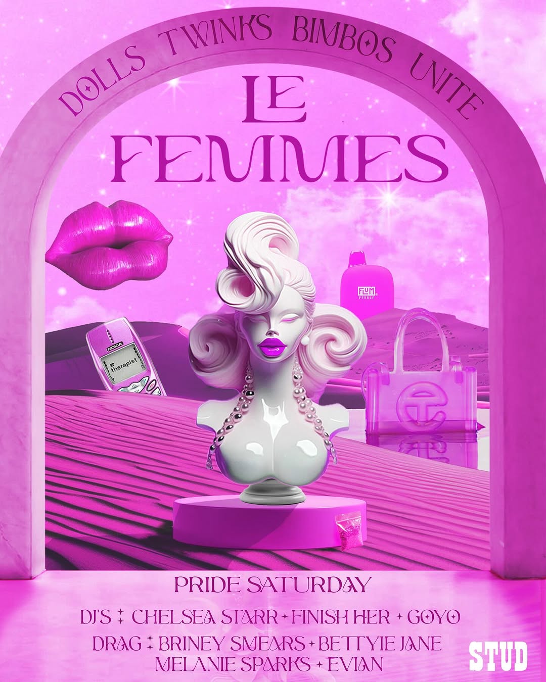 Photo by The Stud Collective on June 09, 2025. May be pop art of poster, magazine and text that says 'TWWINKS BIMBOS DOLLS LE INITE UNITE FENIMES lang F心M TEH 中い KerapиB: S PRIDE SATURDAY DI'S CHELSEA STARR HINISH HER +GOYO DRAG: BRINEY SMFARS+ +BEITYIE JANE MELANIE MELANIESPARKS+E SPARKS +EVIAN STUD'.