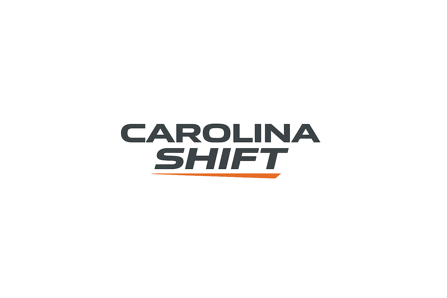 Black text reading 'CAROLINA SHIFT' with an orange underline on a blurred green background.