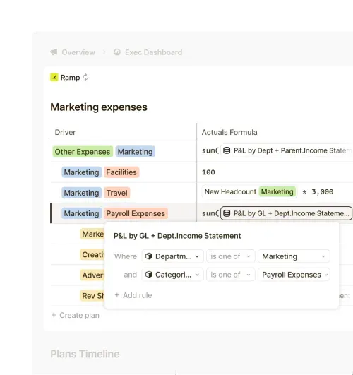 Runway platform showing structured financial modeling with formula logic for marketing expenses, using tags like headcount, departments, and categories to shape business data
