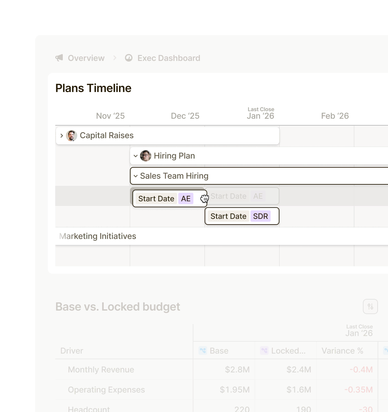 Runway planning timeline interface showing editable hiring plan start dates for capital raises and sales roles, enabling instant scenario adjustments and impact analysis