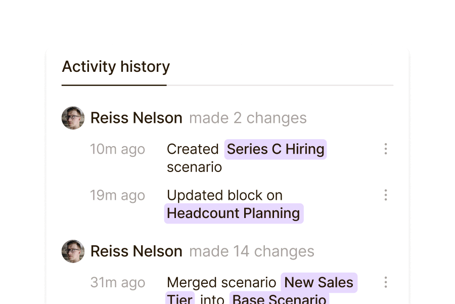 Activity history showing changes made by Reiss Nelson to hiring and headcount scenarios.