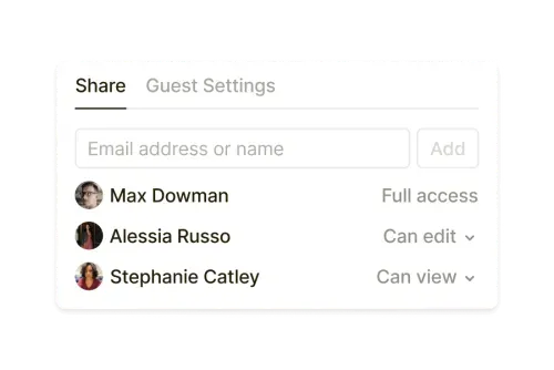 Sharing dialog with three users listed and permissions: Max Dowman (Full access), Alessia Russo (Can edit), Stephanie Catley (Can view).