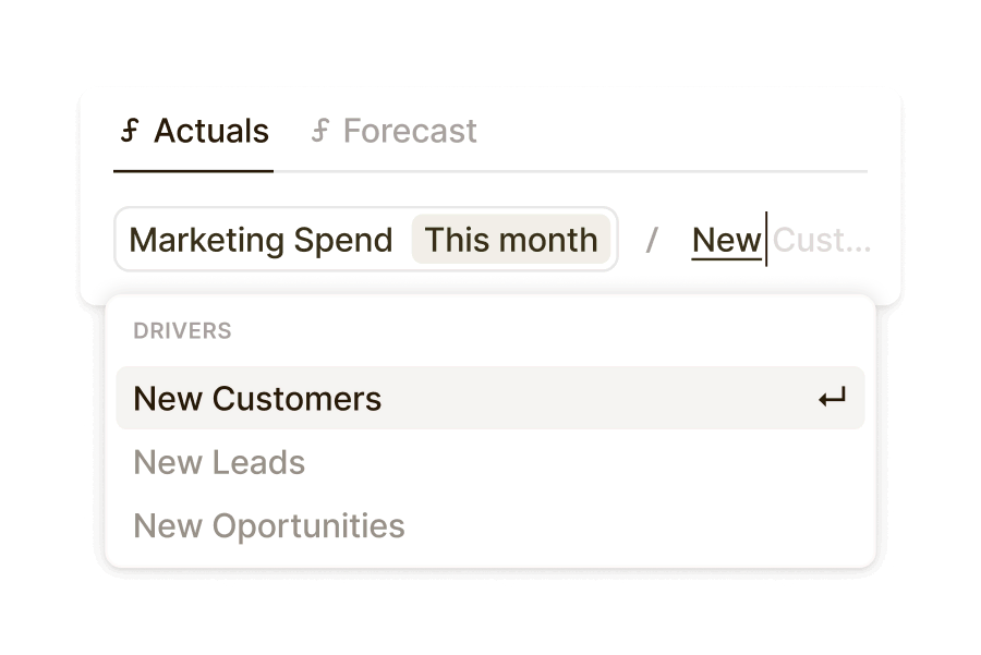 Formula builder interface. Selected formula: Marketing Spend for This month divided by New Customers. Dropdown menu shows: New Customers, New Leads, New Opportunities.