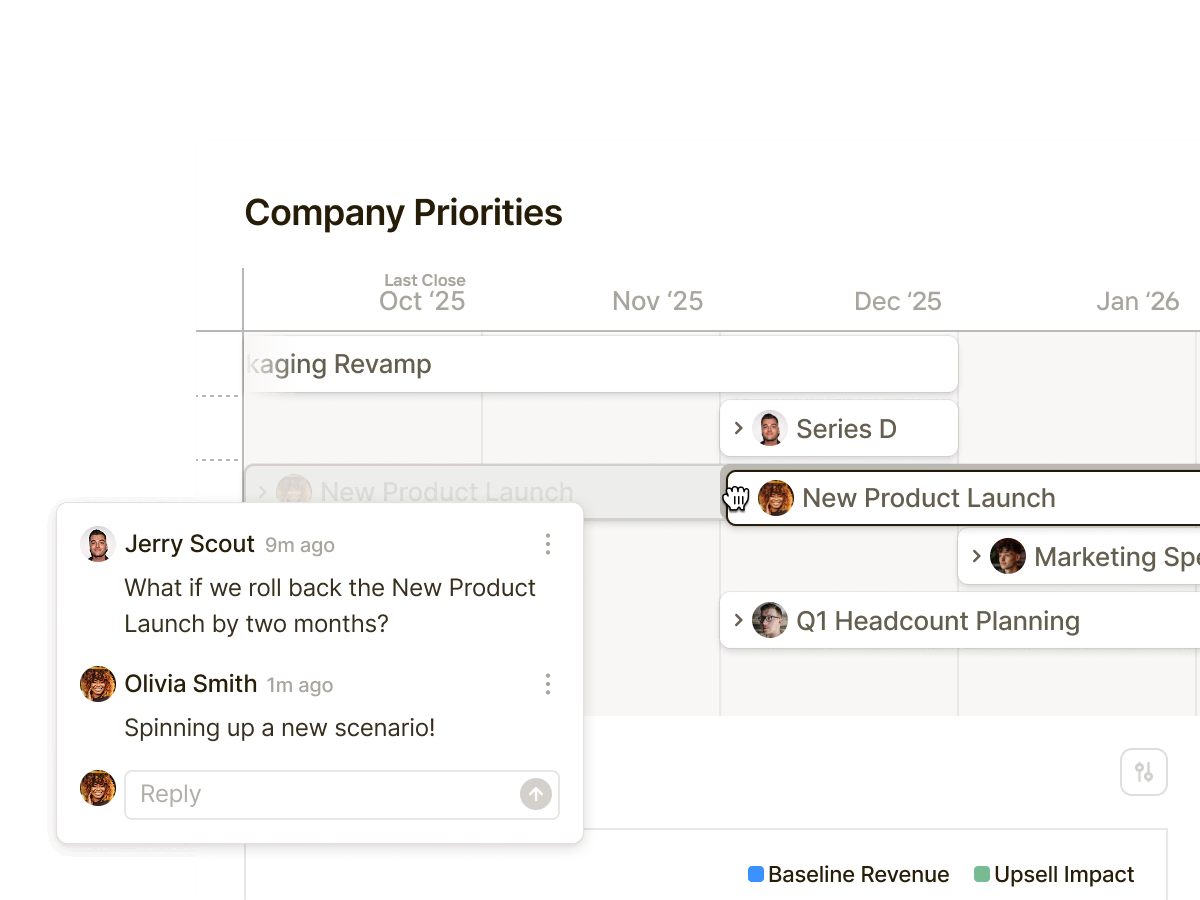 A company planning timeline showing multiple initiatives including “New Product Launch” being dragged to a later date using a hand cursor. A comment thread appears in the corner with one teammate suggesting rolling back the launch by two months and another confirming they are spinning up a new scenario.