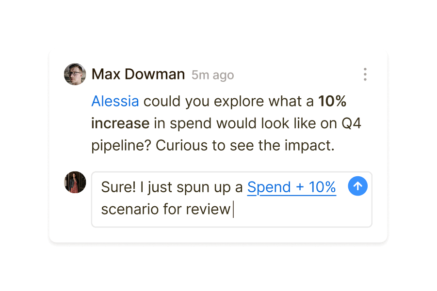 Comment thread between Max Dowman and Alessia Russo. Max requests impact of 10% spend increase; Alessia responds with a scenario link.