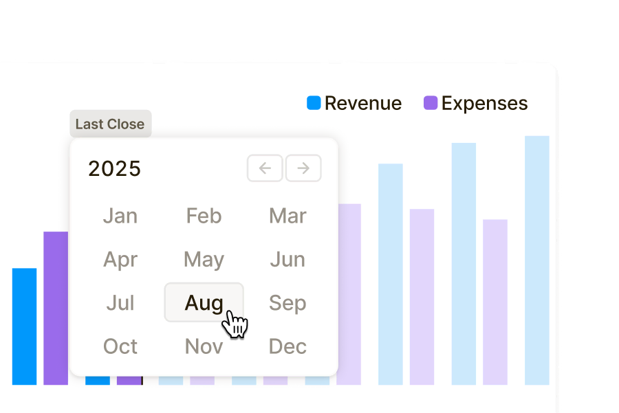 Bar chart of revenue and expenses by month with a calendar popup selecting August 2025. ‘Last Close’ label highlights financial close workflow.