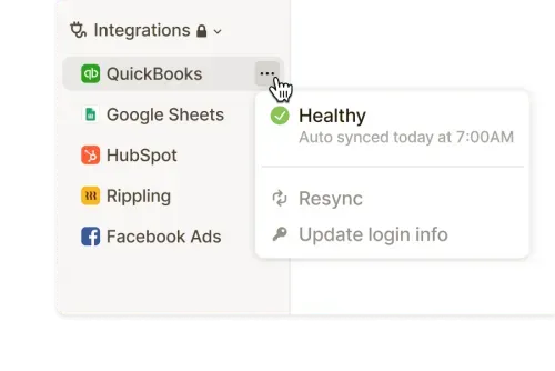 Sync status dropdown for QuickBooks integration showing healthy sync at 7:00 AM, with options to resync or update login info.