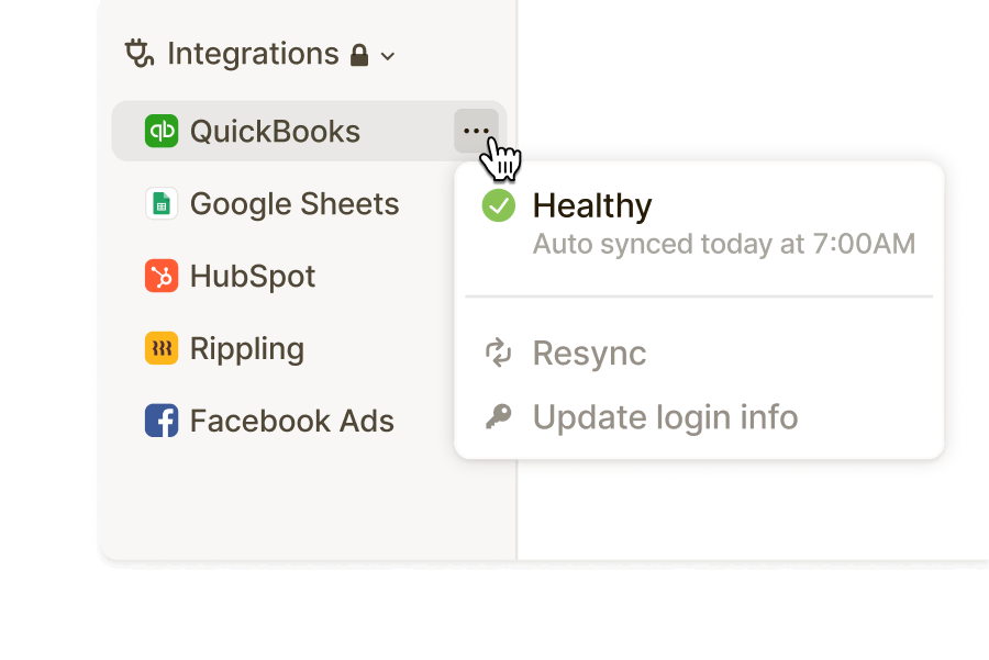 Sync status dropdown for QuickBooks integration showing healthy sync at 7:00 AM, with options to resync or update login info.