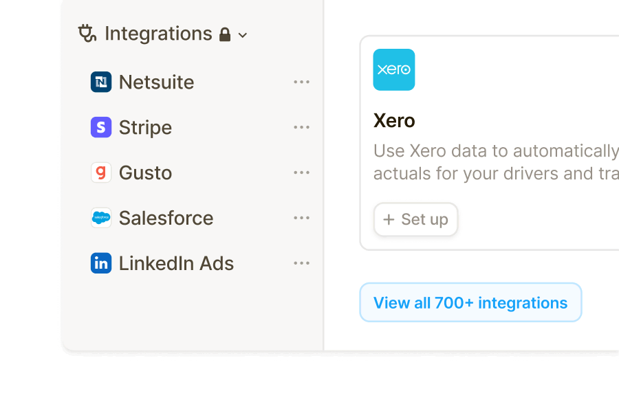 List of integration options including Netsuite, Stripe, Gusto, Salesforce, and LinkedIn Ads, with Xero selected and ready to be set up.