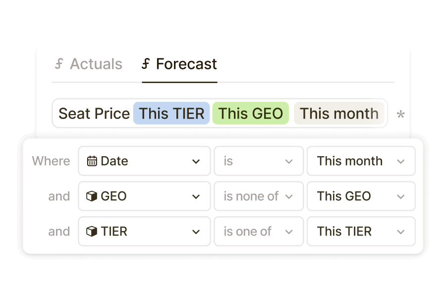 Formula field using sum of Closed Deals.ACV for this month, with filters for deal stage, type, and close date.