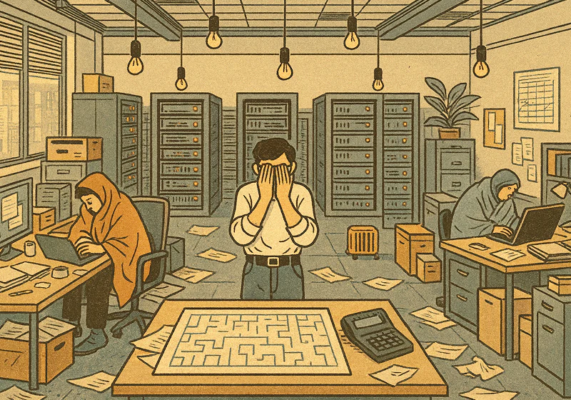 A vintage-style illustration of a chaotic office with scattered papers and two people working under blankets, while a man in the center stands with his face in his hands.