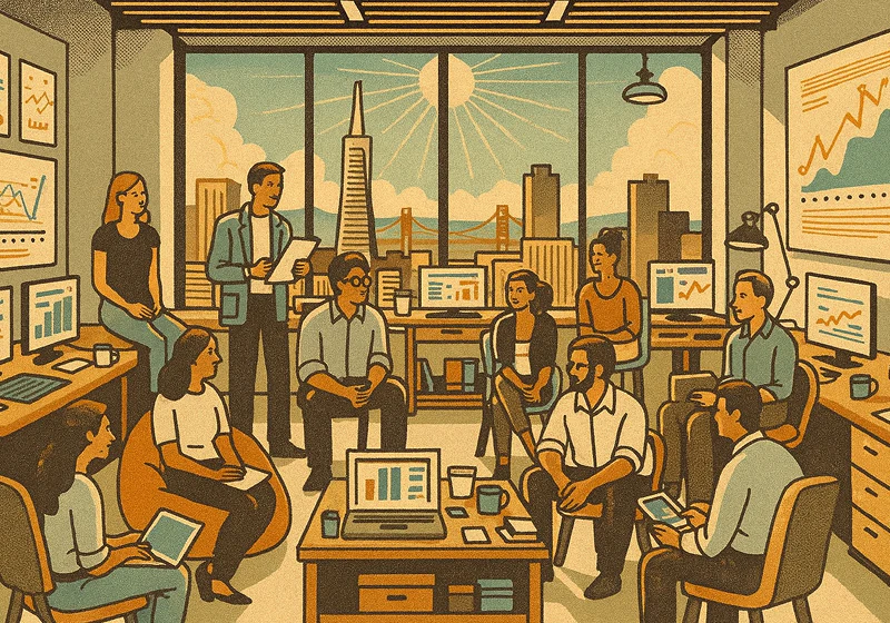 A vintage-style illustration of a busy office meeting with a group of people gathered around, some sitting and others standing, with laptops and charts, and a city skyline visible through large windows in the background.