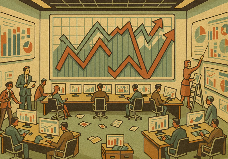 A vintage-style illustration of a busy office with people working at desks filled with computer screens, surrounded by large charts and graphs displaying data on the walls.