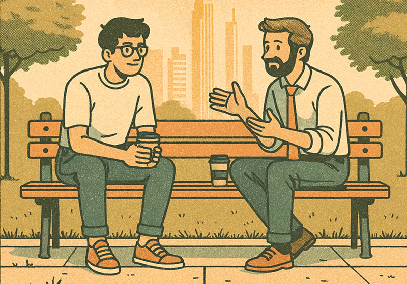 A vintage-style illustration of two men sitting on a park bench, holding coffee cups and having a conversation, with trees and a city skyline in the background.