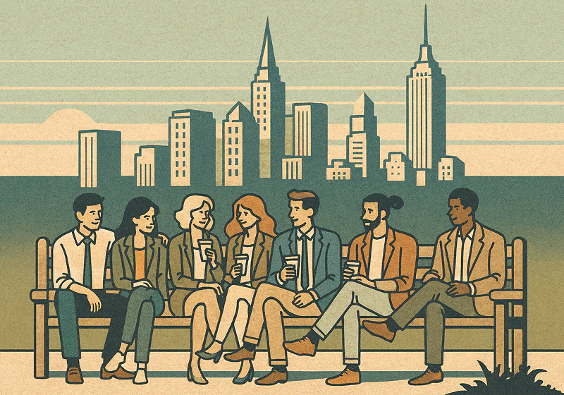 A vintage-style illustration of seven people sitting on a long park bench, chatting and holding drinks, with a city skyline in the background.