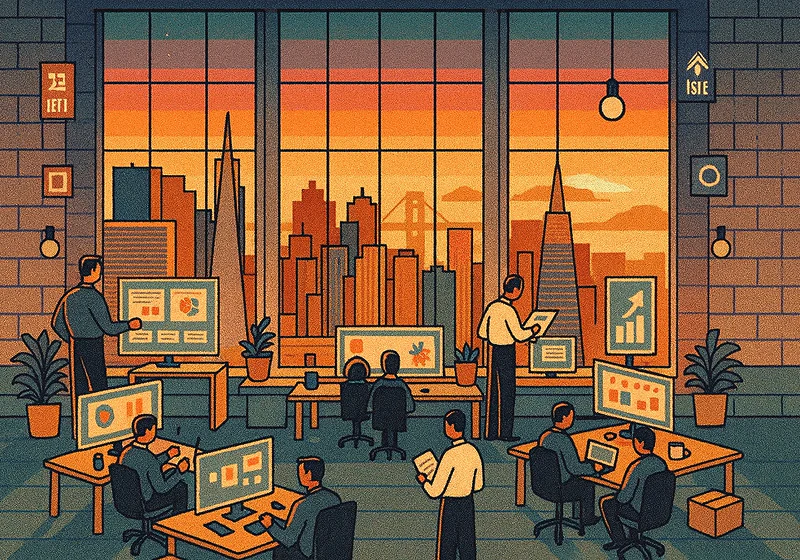 A vintage-style illustration of an office with several people working at desks, with a city skyline and sunset visible through floor-to-ceiling windows.