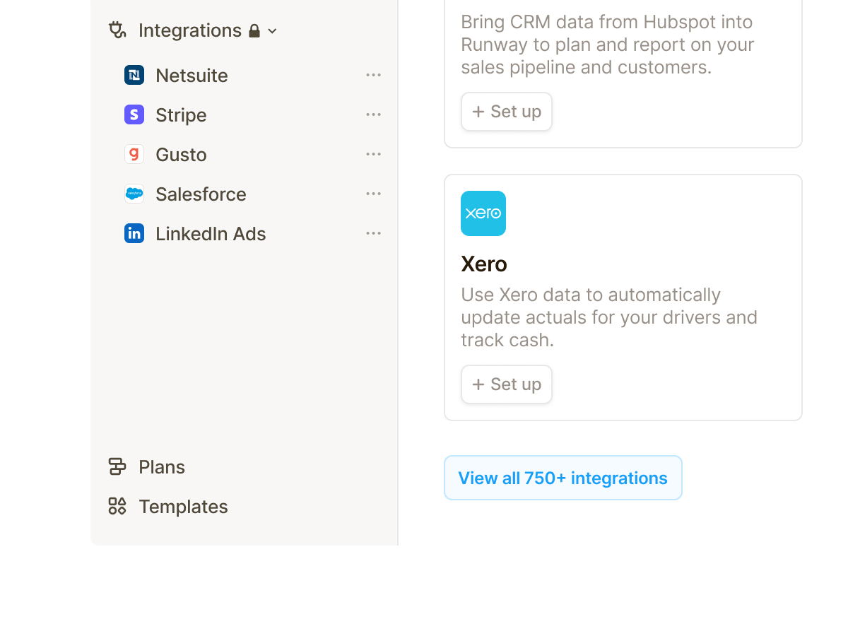 Sidebar menu with integrations including Netsuite, Stripe, Gusto, Salesforce, and LinkedIn Ads; a card describing Xero integration with setup option; link to view all 750+ integrations.