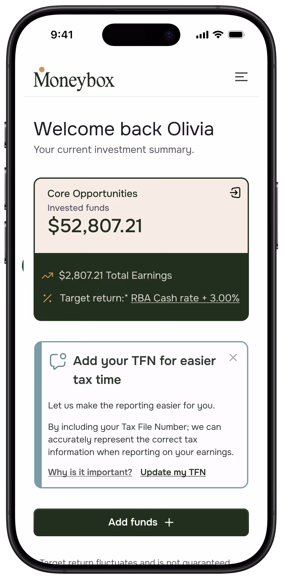 The Moneybox app dashboard