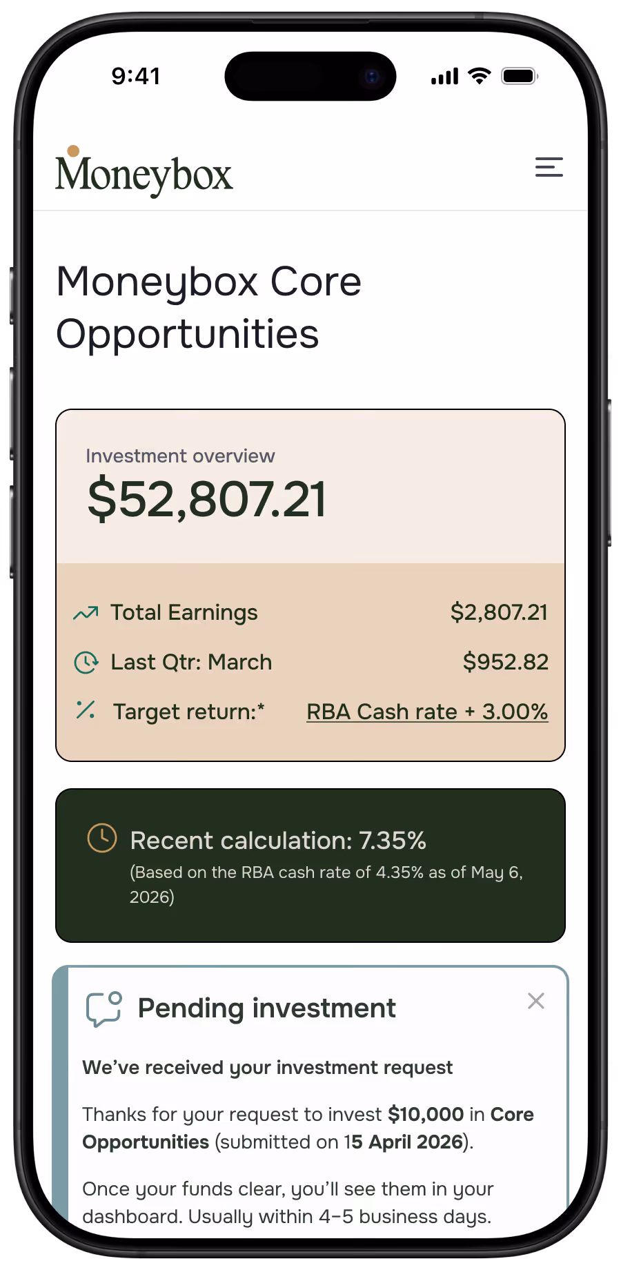 Moneybox Core Opportunities investment option page with moneyb invested. Displays the calculated rate of 7.35%