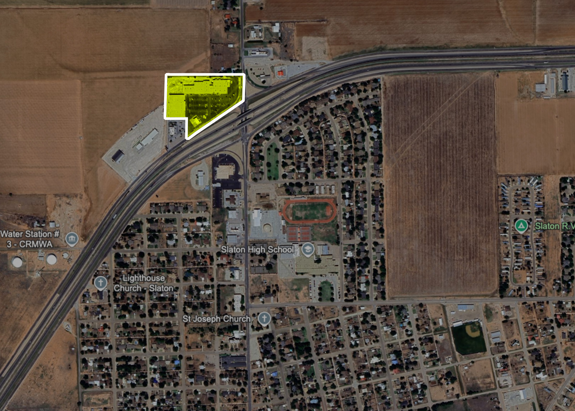 Aerial map view of Slaton Plaza shopping center in Slaton, Texas