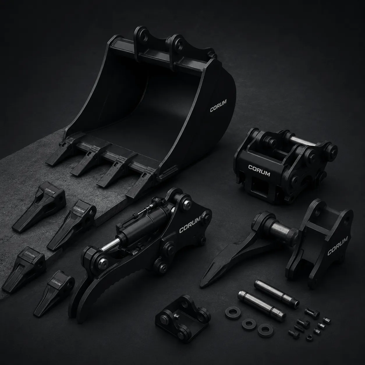 CORUM excavator attachments and parts lineup