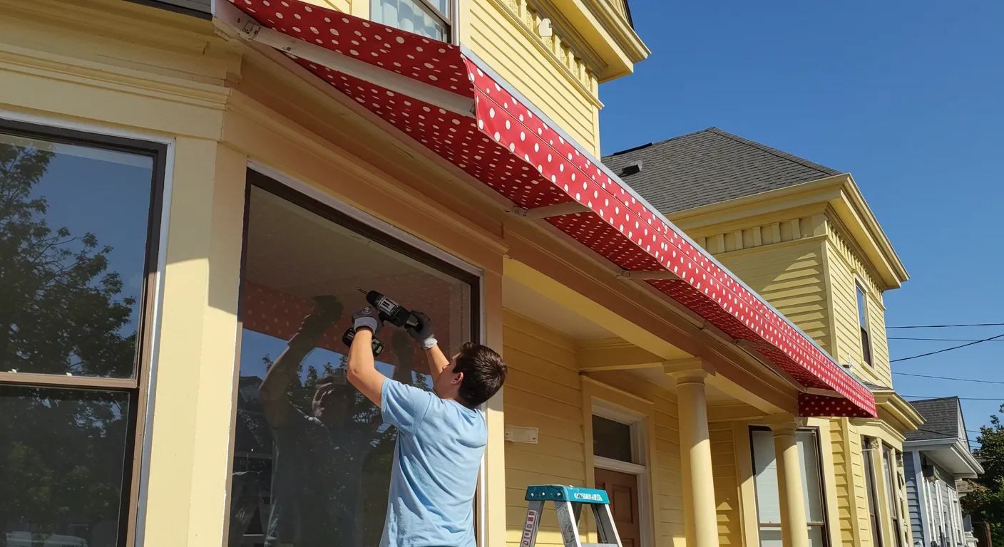 A person in a light blue shirt uses a drill to attach a red polka dot awning on a sunny day. 