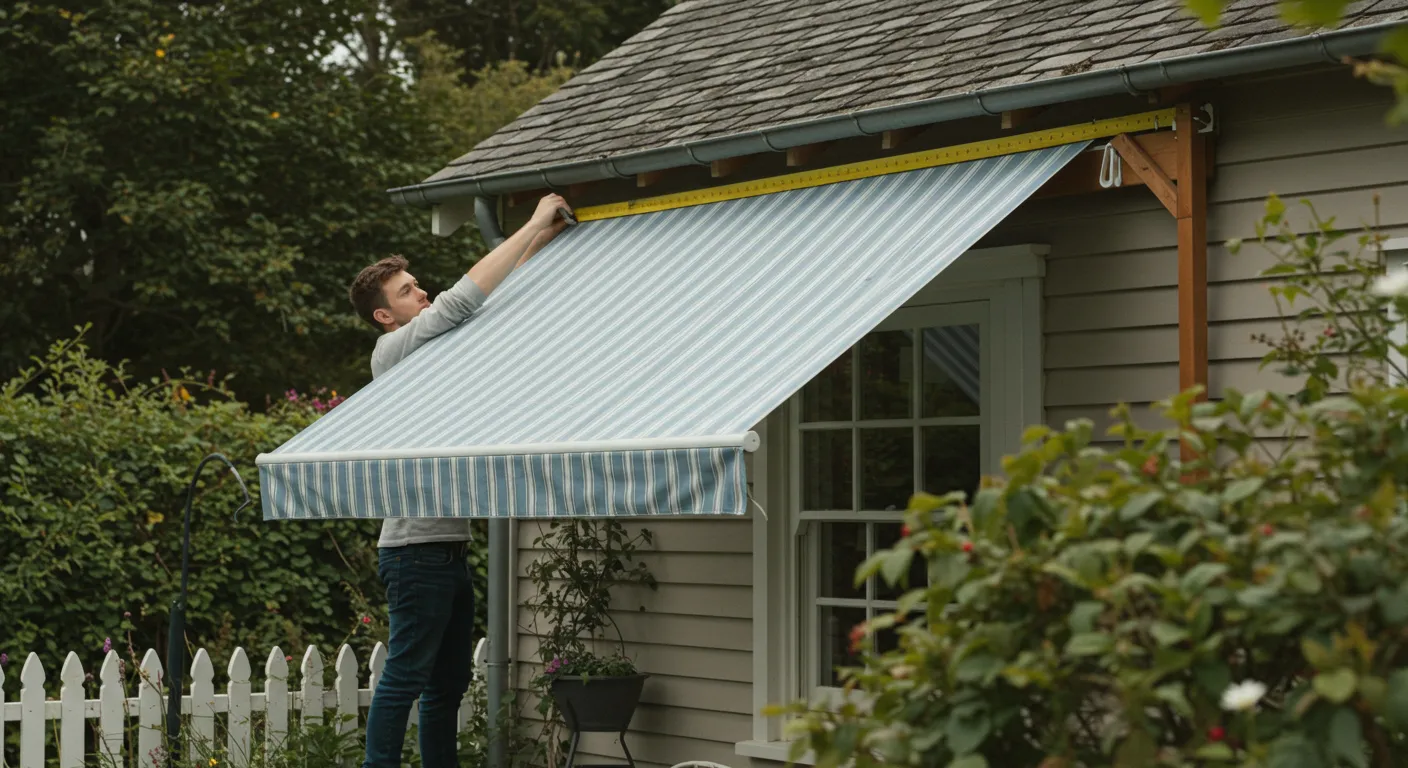 A person installing a awning outside the home corridor for safety from rain and sun