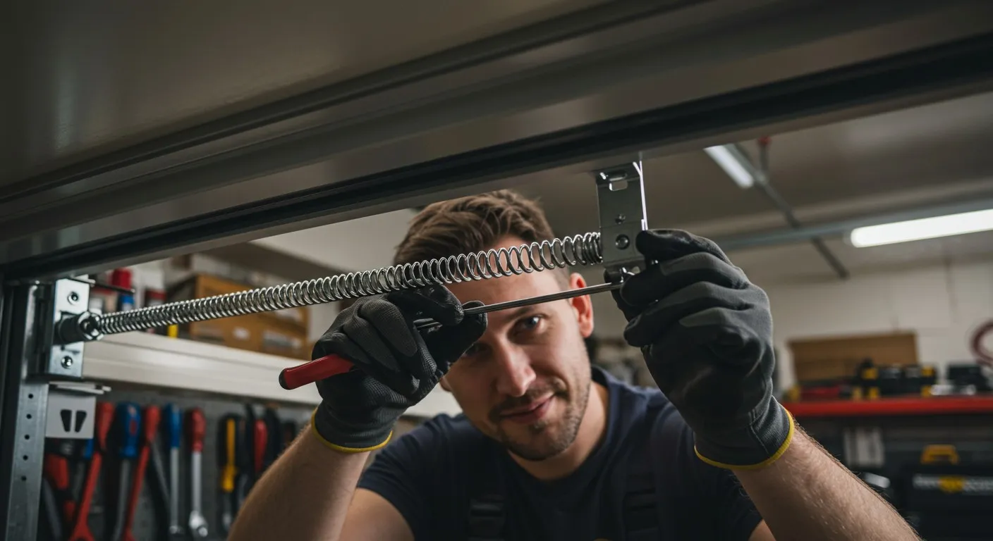 A man in work gloves adjusts a garage door spring with tools.