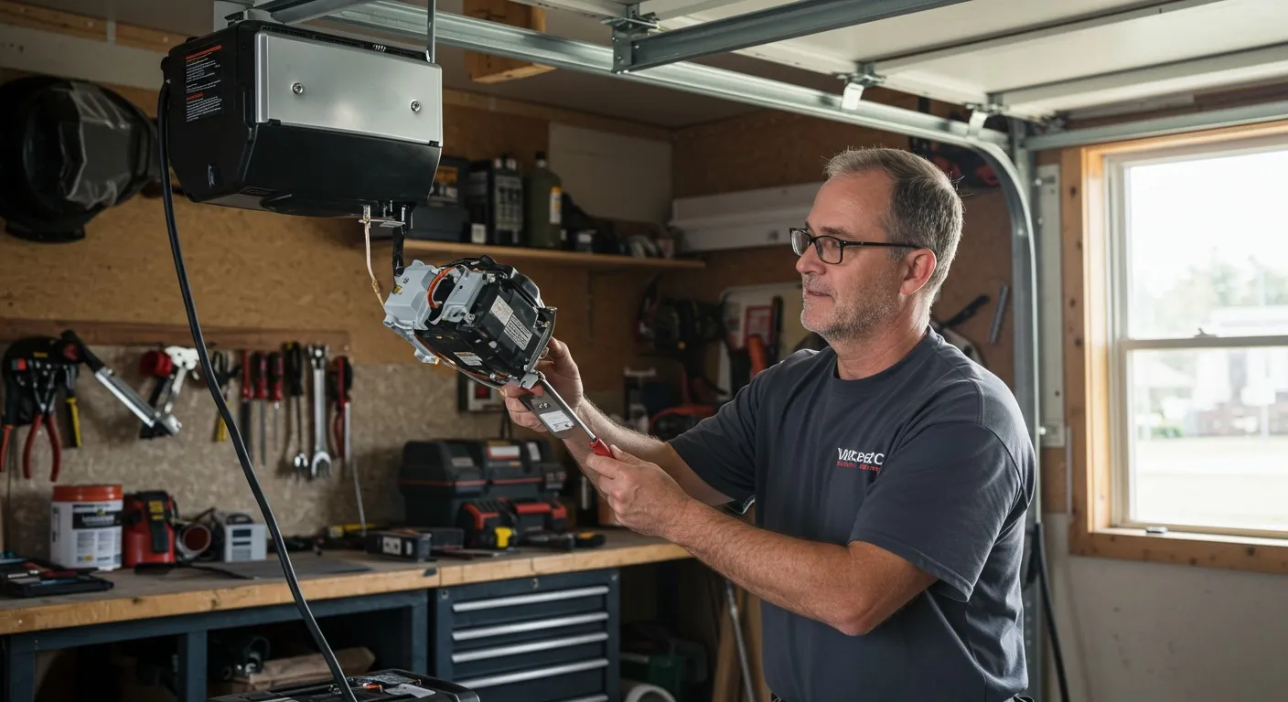 A man in a workshop adjusting a garage door opener, surrounded by tools on shelves and a workbench.
