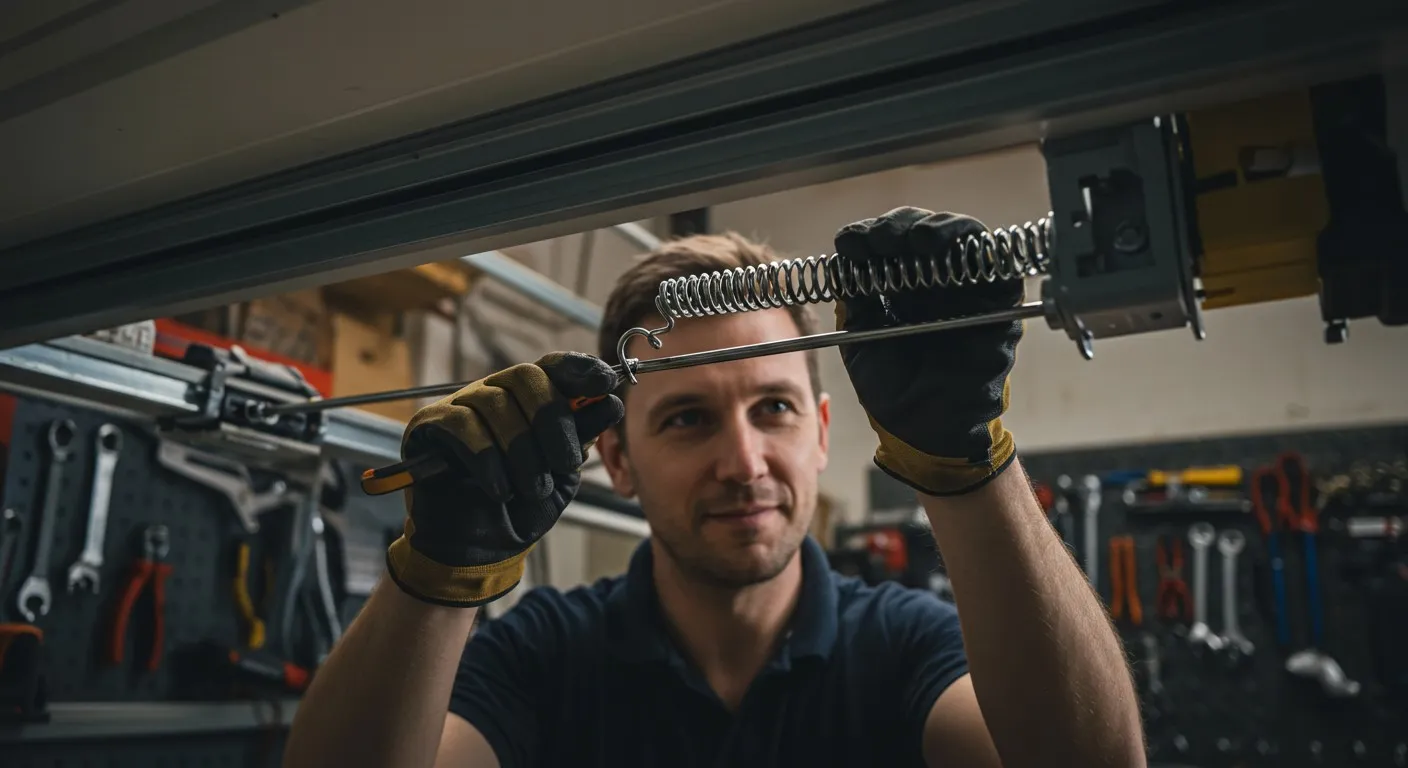 A man in a workshop wears gloves and intently fixes a garage door spring. 