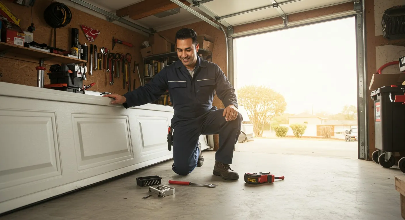 A man in a dark blue work jumpsuit kneels in a sunlit garage, examining tools spread on the floor.