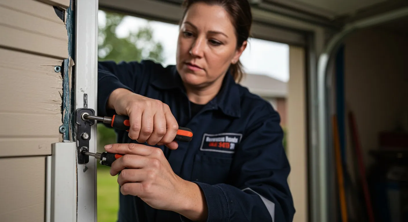 A woman in a blue uniform intently repairs a garage door hinge with tools.
