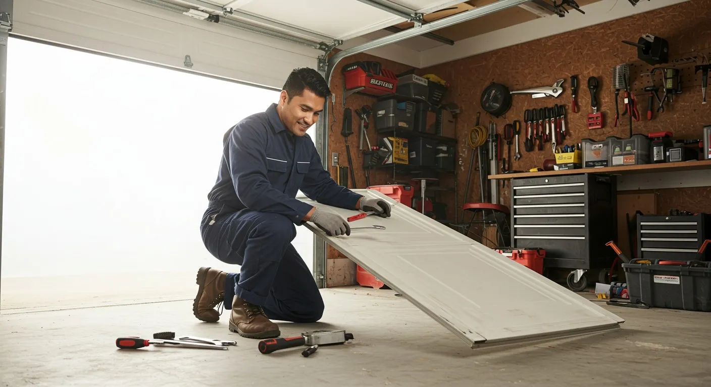 A man in a blue jumpsuit kneels in a garage, using a screwdriver on a white panel.