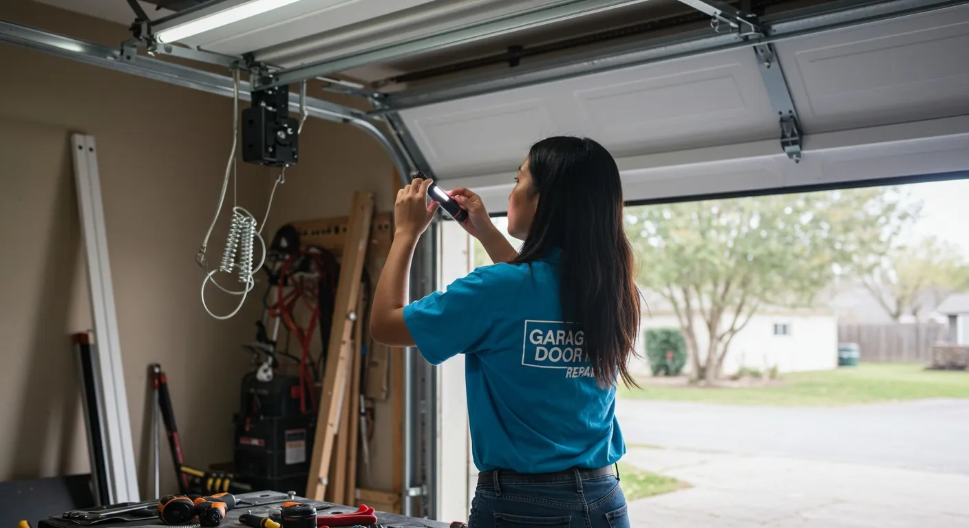 A person in a blue "Garage Door Repair" shirt uses a screwdriver on a garage door mechanism.