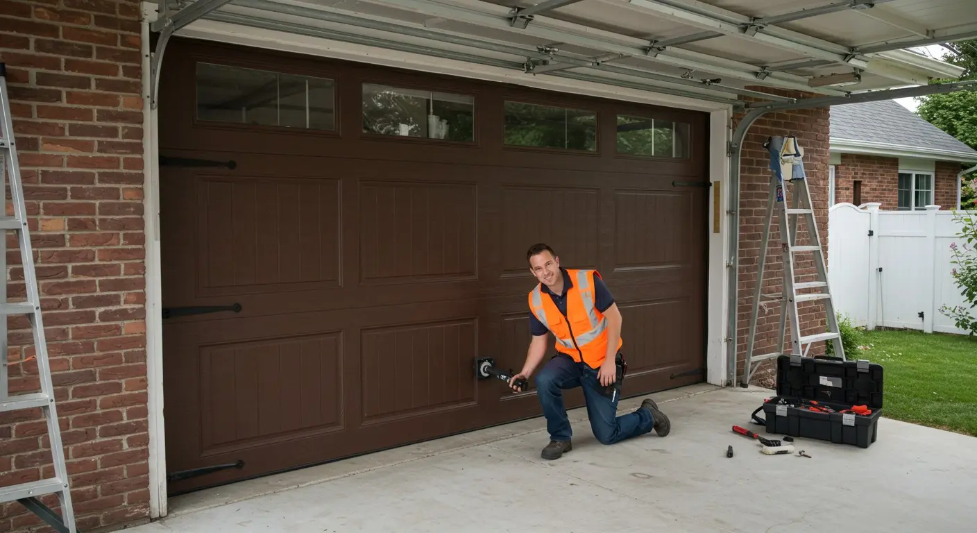 Man installing new garage door.
