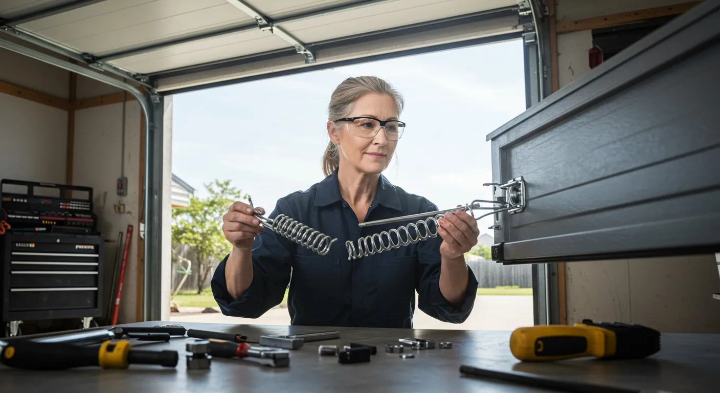 A woman in safety glasses works on a garage door, holding a tension spring.