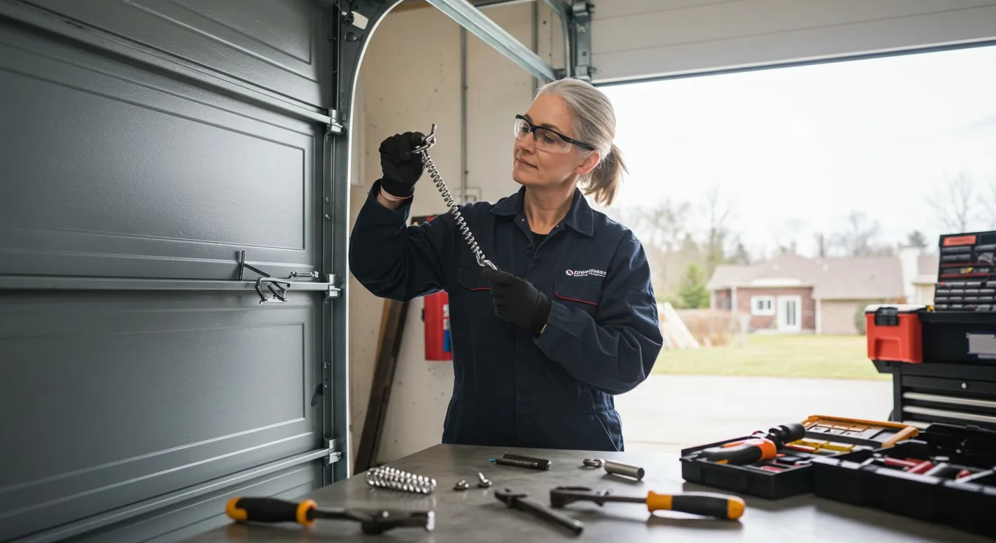 A woman in a garage inspects a garage door spring, wearing safety glasses and gloves.