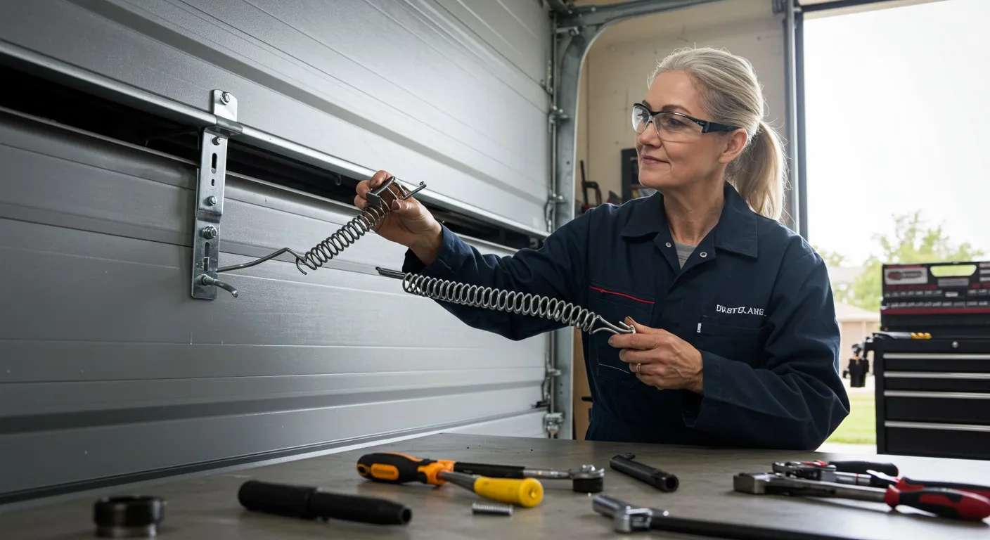 Woman in safety glasses working on a garage door mechanism in a workshop, using tools.