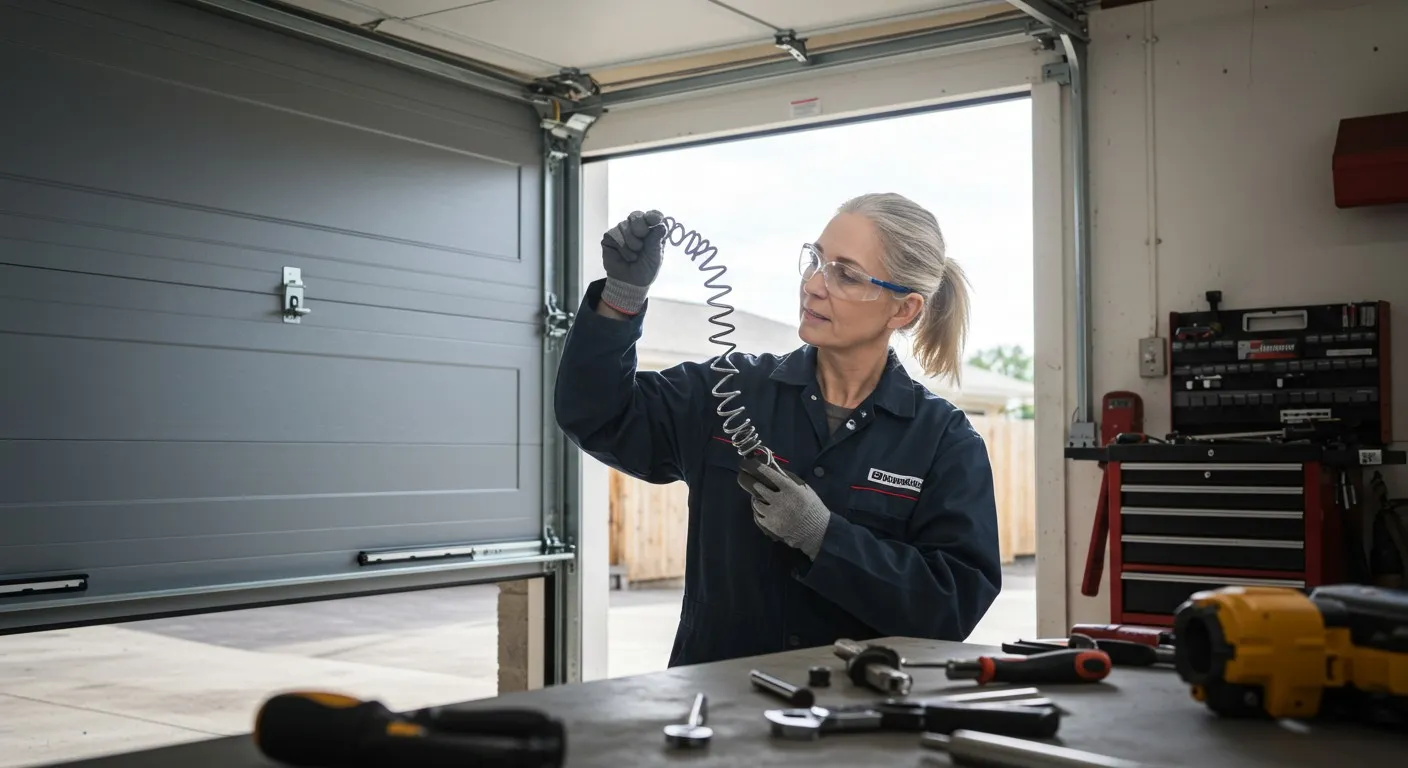 Woman examining garage door spring.