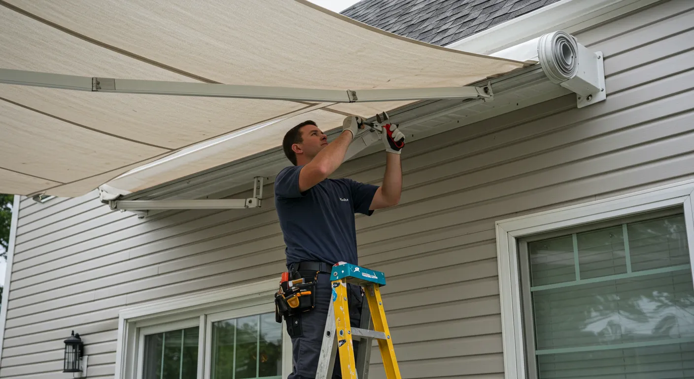A man on a ladder works on the hardware of a beige retractable awning, which is mounted on a house with gray vinyl siding.