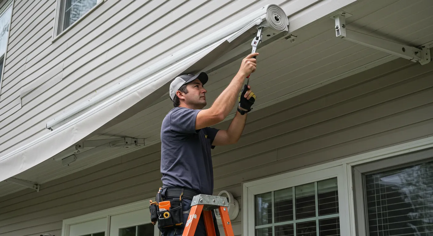 A person on a ladder uses a tool to secure the rolling mechanism of a beige retractable awning to a house's siding.