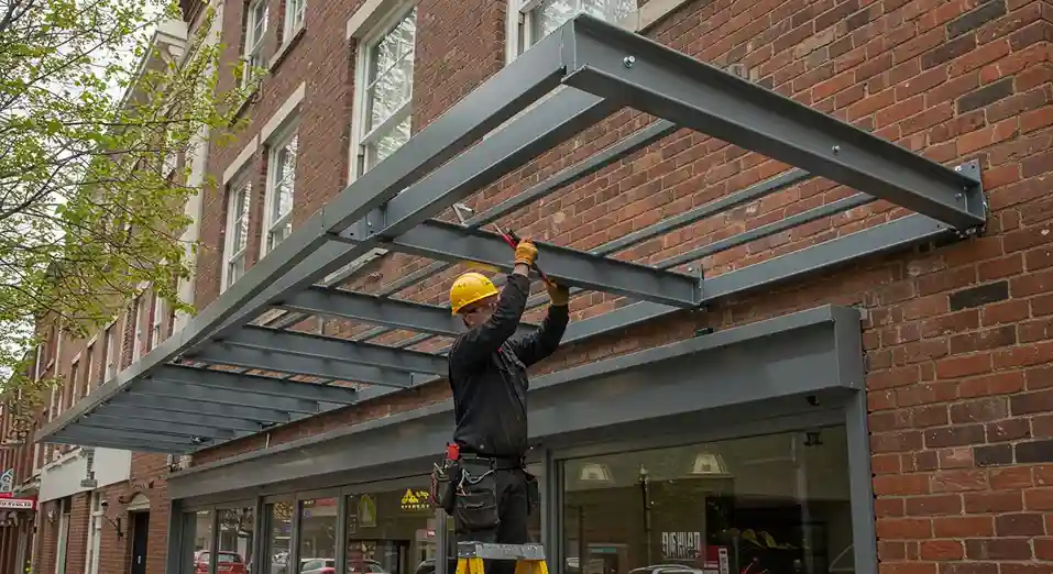 A worker in a yellow hard hat stands on a ladder, installing the gray metal frame for an awning on the brick wall of a storefront.