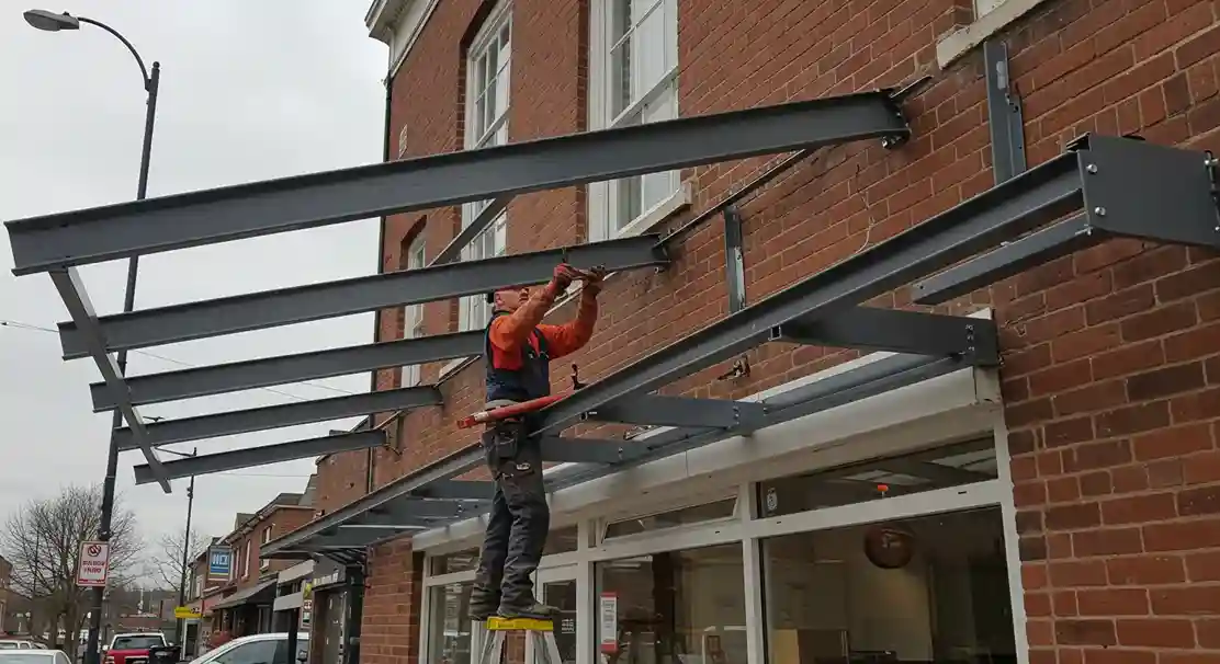 A worker on a ladder attaches the gray metal awning frame to a brick storefront building with a street and other shops in the background.