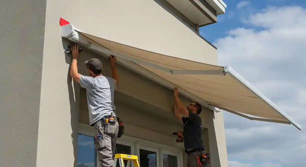 Two workers on ladders install a large, beige retractable awning on a building, attaching the main support arm to the wall.