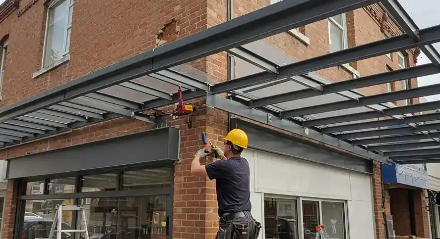 A worker in a yellow hard hat and black shirt installs a metal awning frame with clear panels over a store entrance on a brick building.