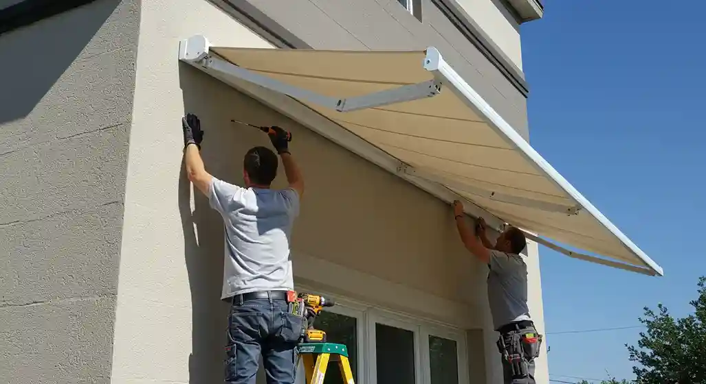 Two workers install a large, beige retractable awning on a building, using a power drill and tools to secure the frame.