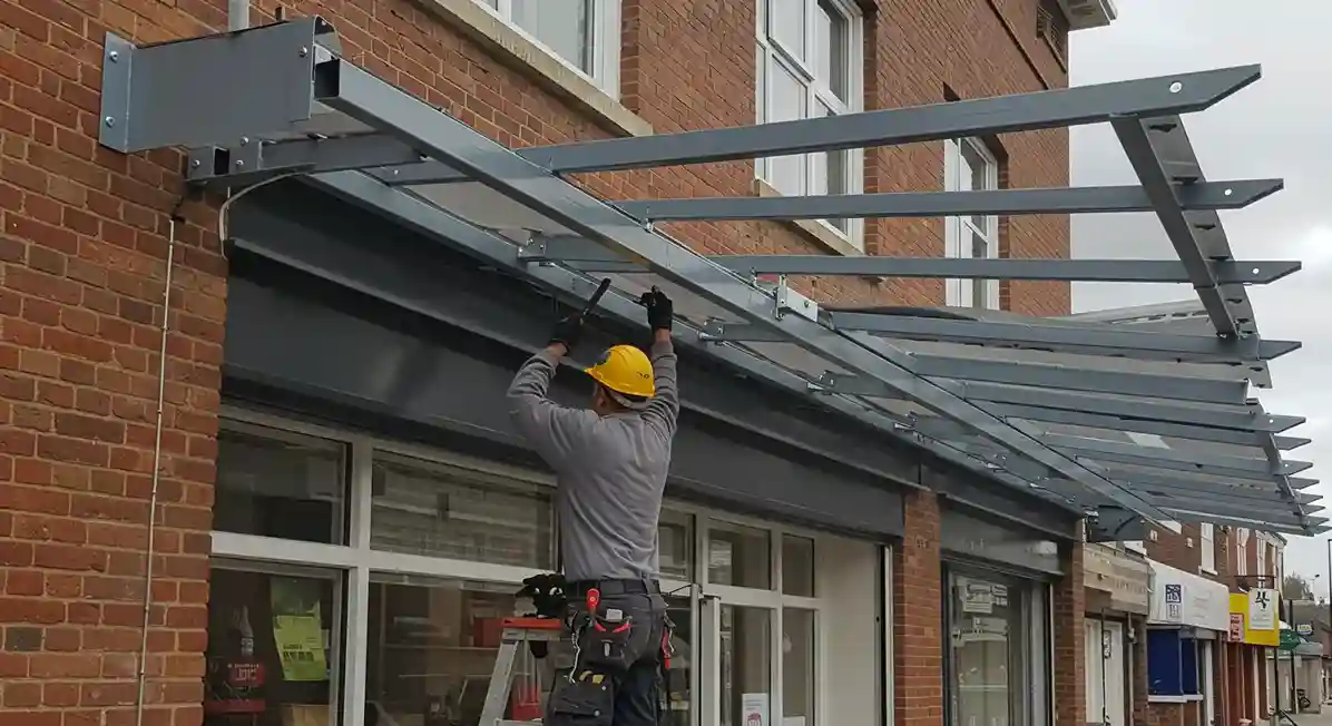 A worker wearing a yellow hard hat and safety glasses installs a long, metal awning frame over a series of storefronts on a brick building.
